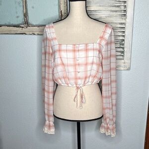 Society Stitch Plaid Checkered White Pink Poet Long Sleeve Women's Crop Top Size